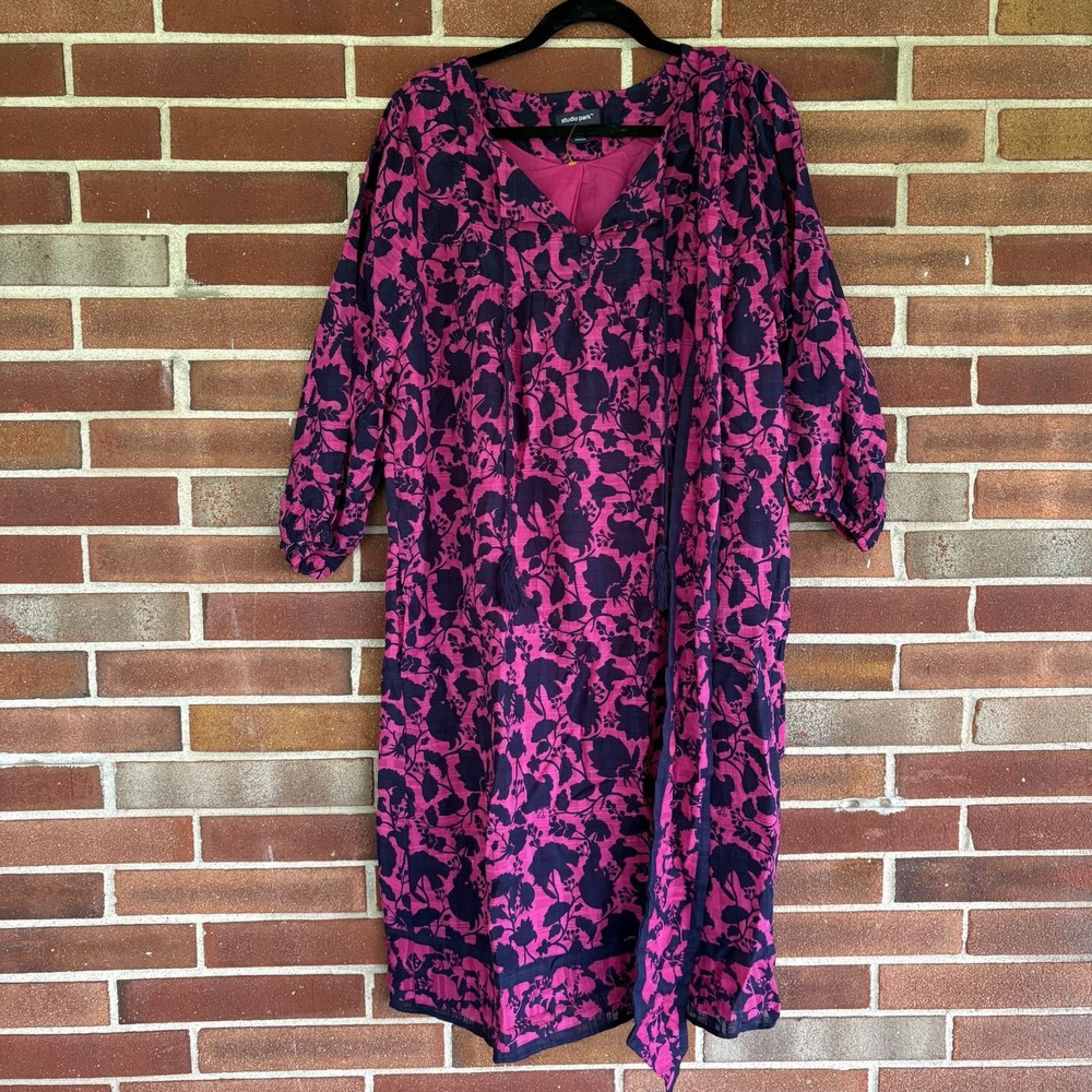 Studio Park Blue purple Floral Boho Hippie Earthy Cotton Dress L Tall A2876
